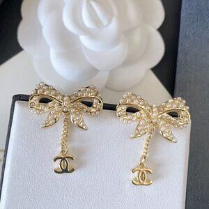 CHANEL Costume Pearl Dangling COCO Logo Earrings